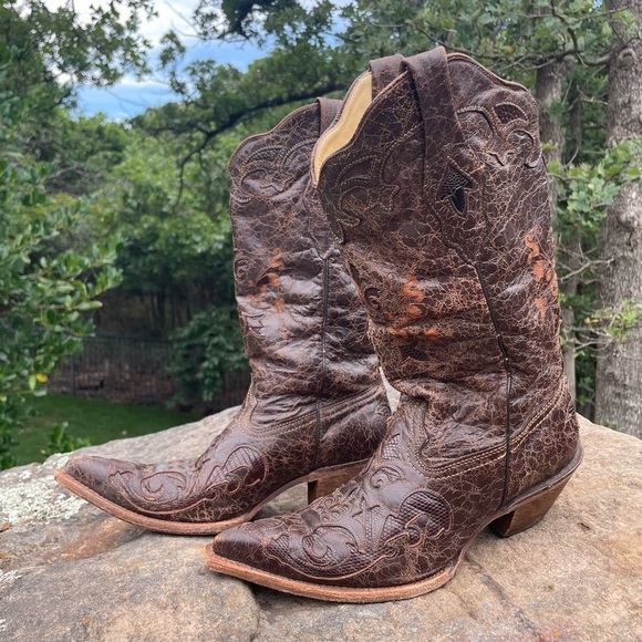 Corral Vintage Distressed Leather Snip Toe Lizard Inlay Western Cowboy Boots - Picture 1 of 11
